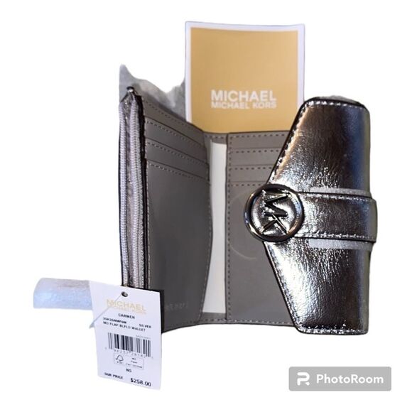 Authentic Michael Kors Premium Croc Embossed Trifold Wallet Silver Metallic - Picture 8 of 9